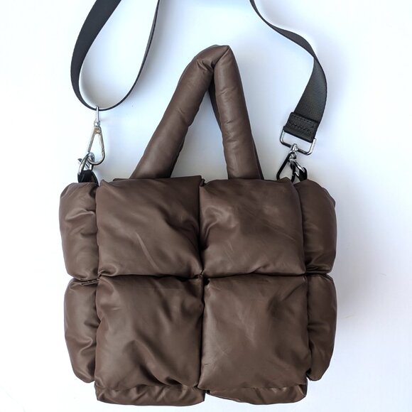 Brown Quilted Puffer Crossbody Bag – Water-Resistant Fabric, Removable Strap - Picture 2 of 8